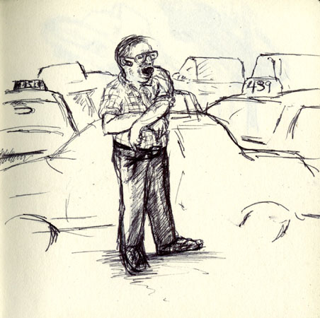A pen illustration of an owner of a taxi garage