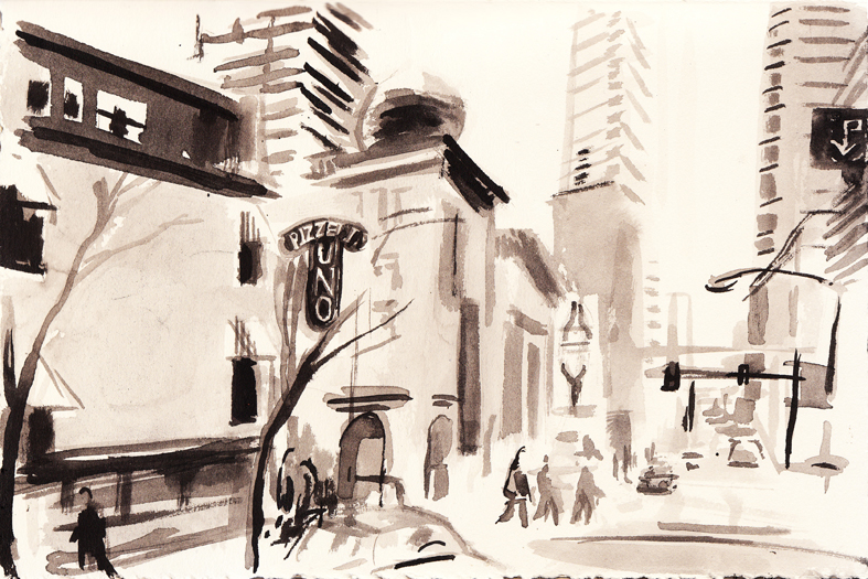 A Sumi ink illustration for the Hack story, 'I'm Not a Tour Guide'