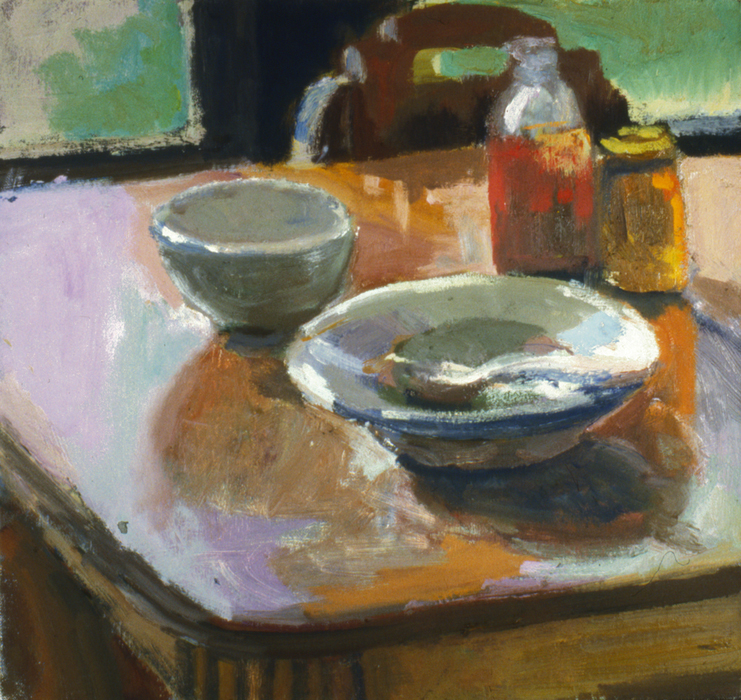 An oil painting of a soup bowl
