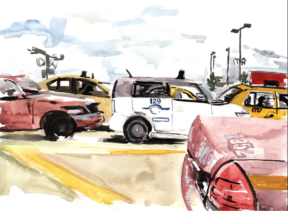 A gouache painting of the O'Hare Staging Area