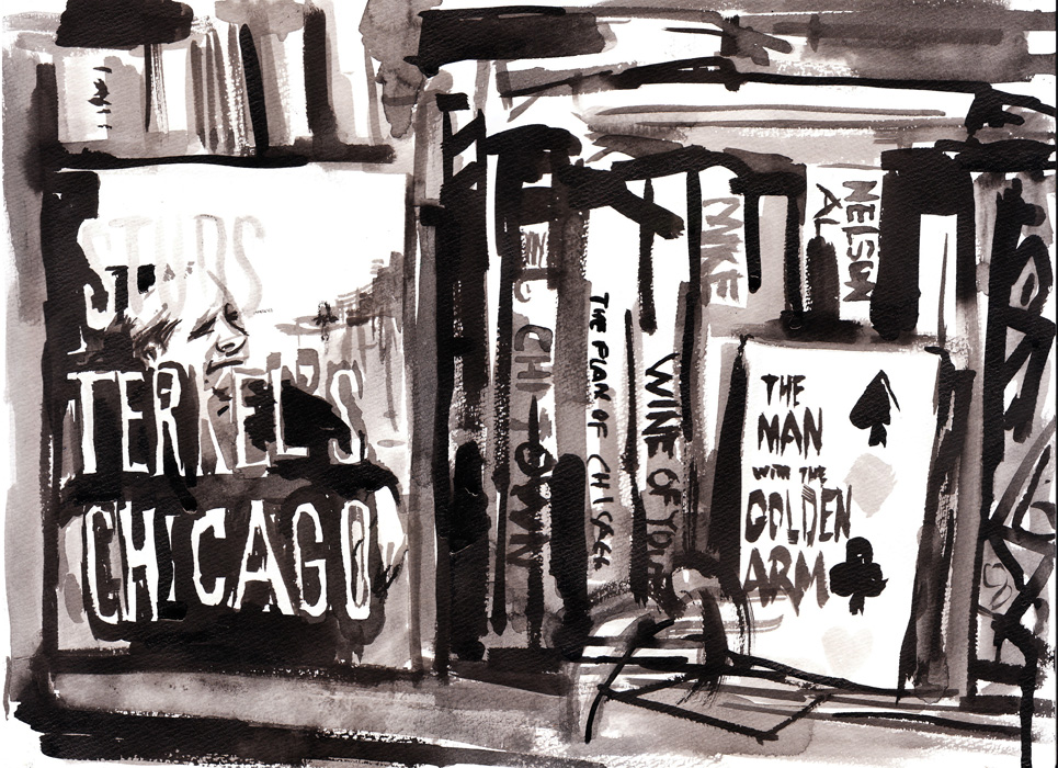 A sumi ink of a bookshelf