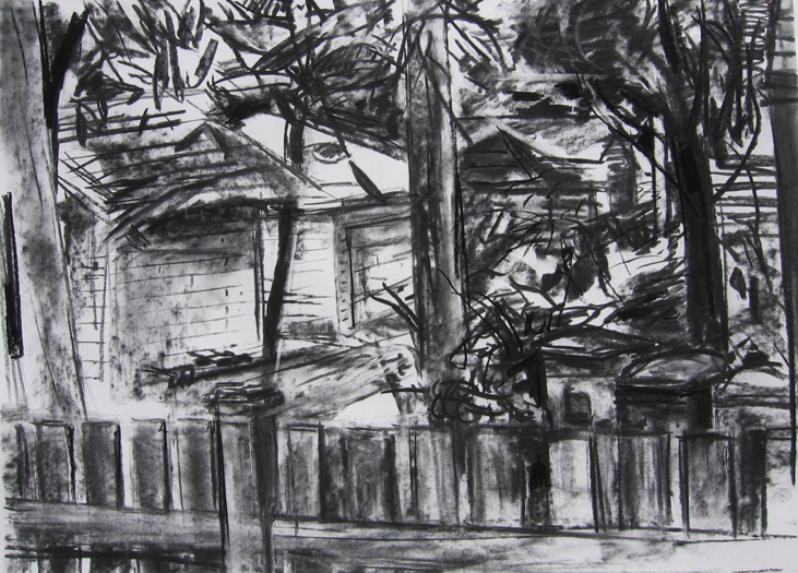 A charcoal drawing done in a Beverly alley