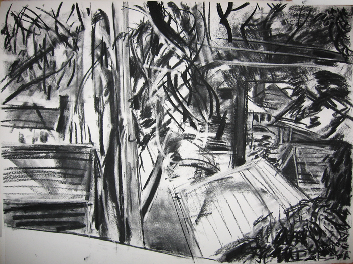 A charcoal drawing out of a window in Beverly