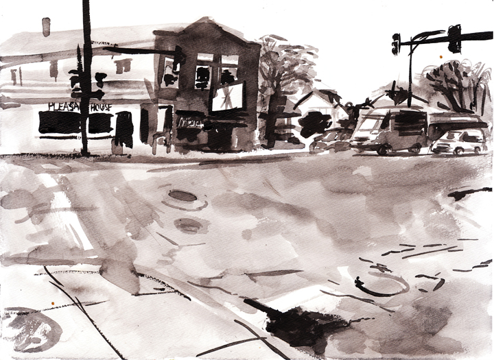 A sumi ink painting of 31st Street in Bridgeport. A Kickstarter Reward art piece