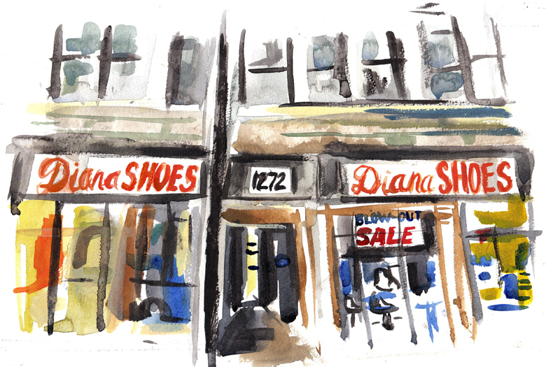 A watercolor of a storefront in Wicker Park. A Kickstarter Reward art piece