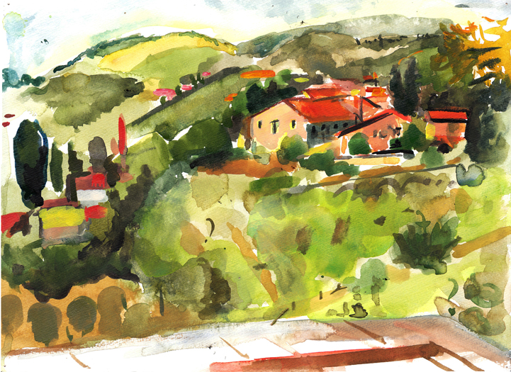 A watercolor of the view of the hills outside Fiesole