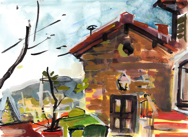 A watercolor done on Via Viucci outside Fiesole