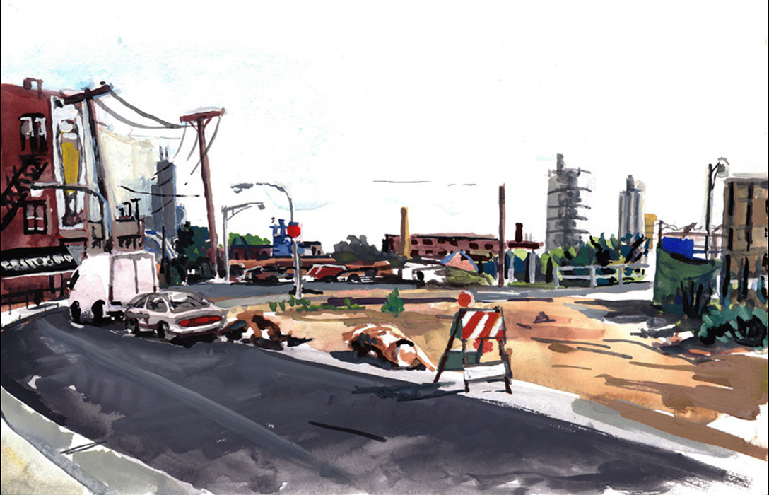 A gouache painting outside Webster's Winebar