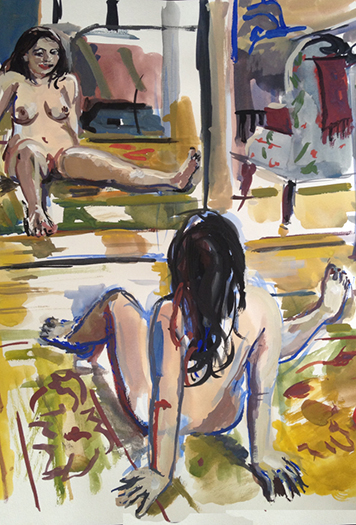 A gouache painting of a woman in a mirror