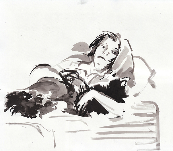 A sumi ink painting of Shay, Gustav, and Porkchop