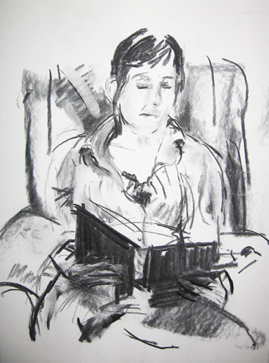 A charcoal sketch of Shay DeGrandis looking through old sketchbooks