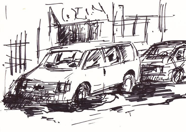 A Sumi ink illustration for the Hack story, 'Astrovan'