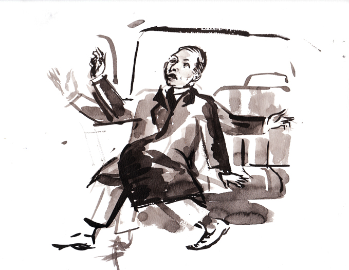 A sumi ink illustration for the Hack story, 'Braggart'