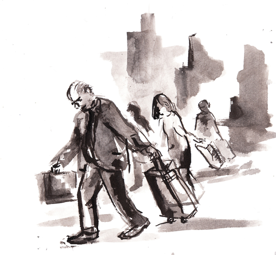 A sumi inl illustration for the Hack story, 'Business Trip'