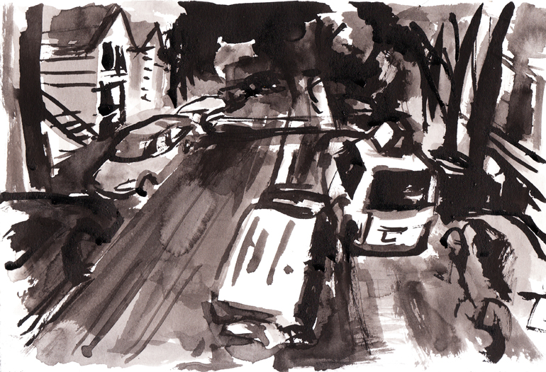 A sum ink illustration for the Hack story, 'Best Cab ride Ever'