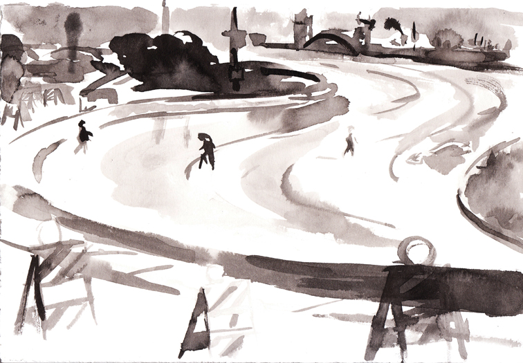 A sumi ink illustration for the Hack story, 'Lockdown City'