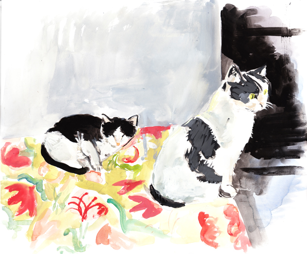 A gouache painting of cats