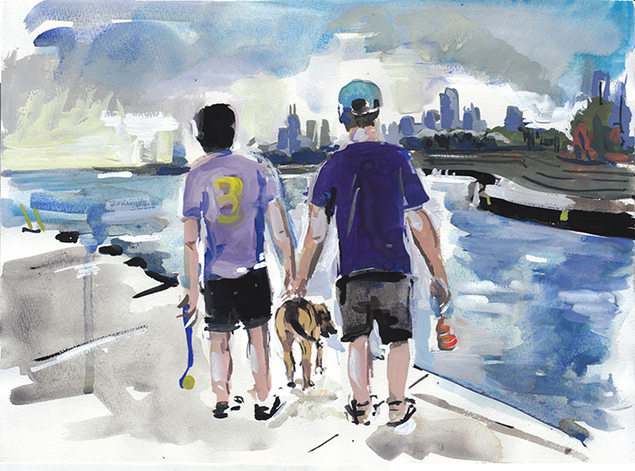 A gouache portrait of Drew, Emma and Ari”  border=