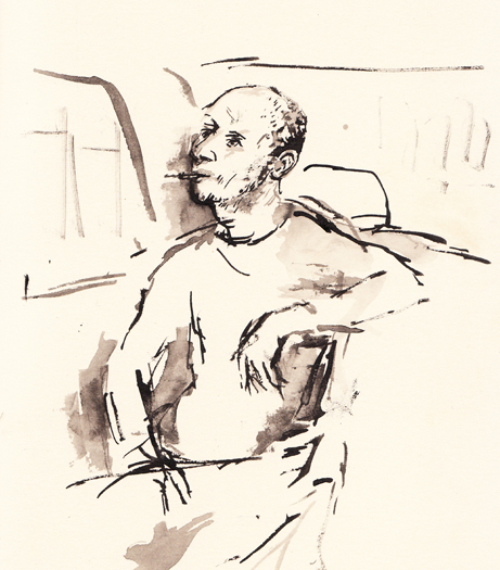 A Sumi ink illustration for the Hack story, 'God's Gift'