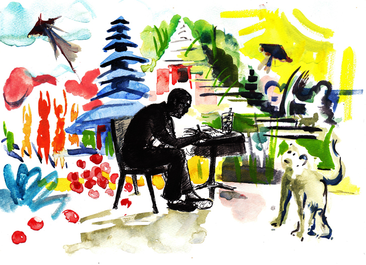 A watercolor and pen illustration for a Jonathan Goldstein story