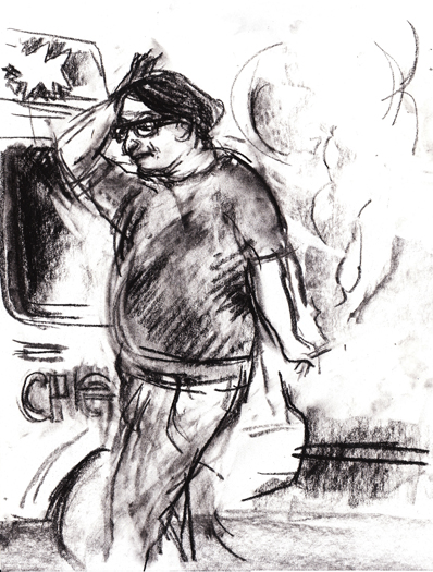 A charcoal illustration for the Hack story, 'Joe the Cabdriver'
