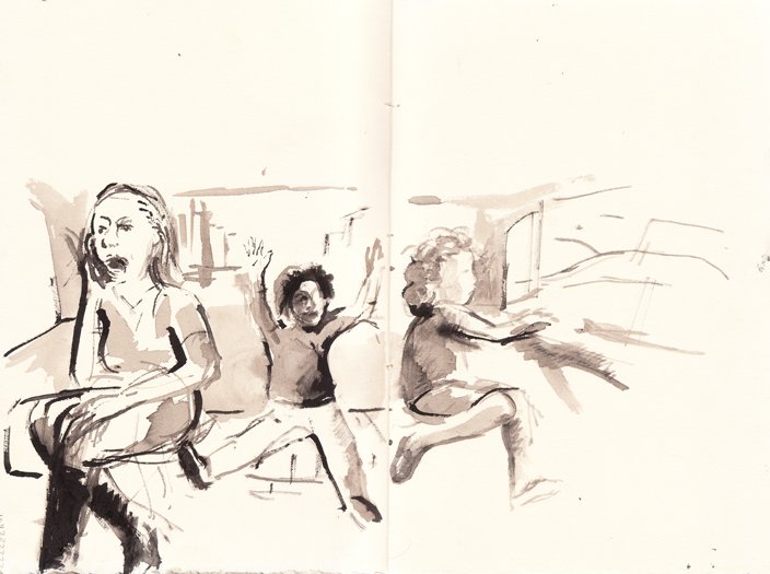 A Sumi ink illustration for the Hack story, 'Kids'