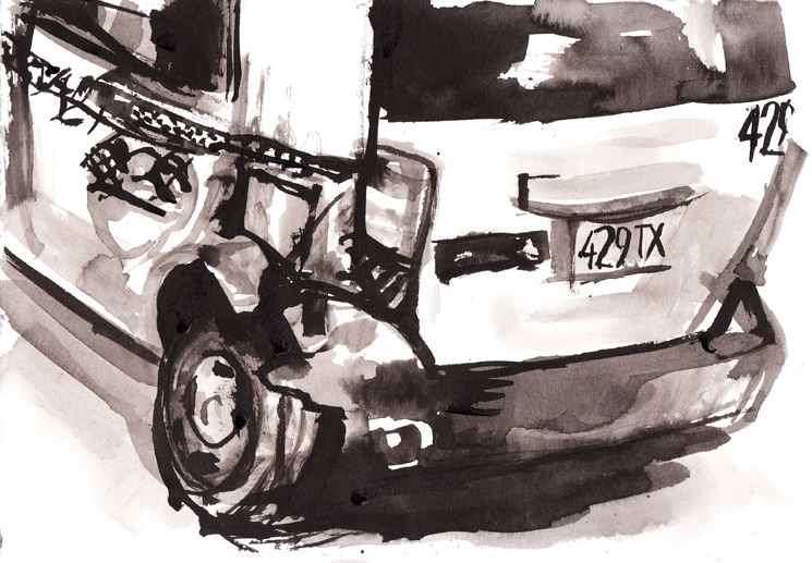 A sumi ink illustration for the Hack story, 'Rear-ended'