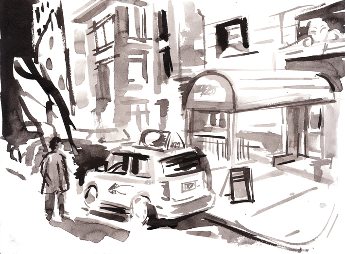 A sumi ink illustration for the Hack story, 'Surf'