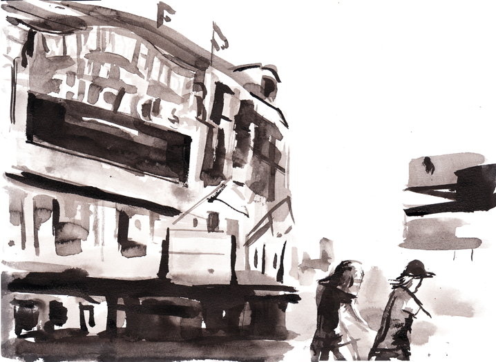 A Sumi ink illustration for the Hack story, 'Wrong Ballpark'