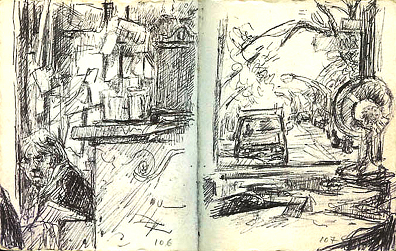 A pen drawing of people in a cafe