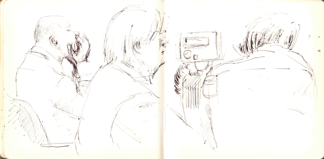 A pen sketch of cabbies in a driving safety class