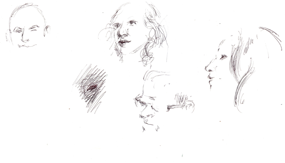 A sketch of guests' faces at The Dinner Party, 11/26/2012