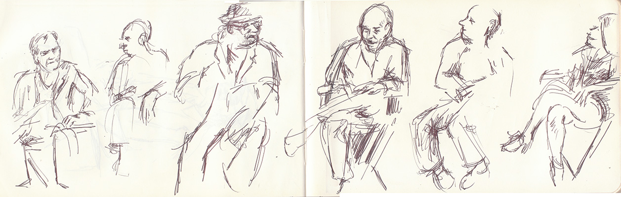 A sketch of Michael Shannon, Steve Jones, Tony Fitzpatrick, John McNaughton, Stephen Lancelotti, & Meadow Williams discussing THE HARVEST, 10/20/2013