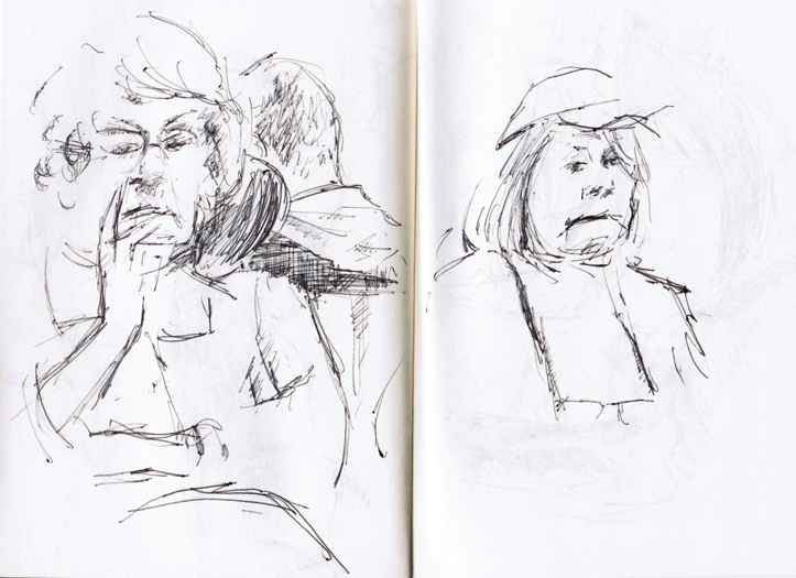 A sketch of travelers waiting at Midway Airport, March 7, 2011