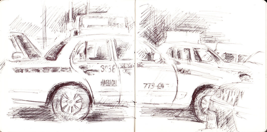 A pen drawing of a taxi at the O'Hare Staging Area, October 28, 2009