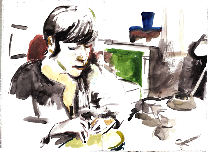 A sketch of Shay embroidering, January 16, 2012